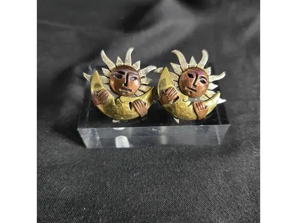 Vintage Taxco Sterling Silver Sun Moon Face Earrings Mixed Metal 925 Copper - Picture 1 of 8
